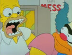 Homer screaming in front of a disguised Sideshow Bob