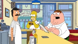 Bob Belcher appears with Homer Simpson and Peter Griffin in "Adoptation" of Family Guy.