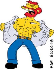 Groundskeeper Willie tearing off his shirt.