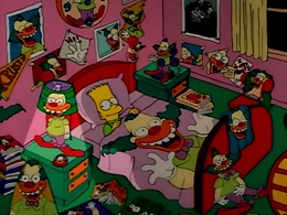 Bart's room with new Krusty the Clown merchandise.