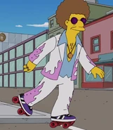 A close-up view of Disco Stu's purple quad roller skates with red outdoor wheels and black/white stripes. It is unknown whether they are boot or ankle cut. These differ from his yellow skates in Tapped Out.