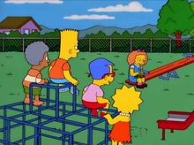 Lewis olhando pra Francine Rhenquist junto com Lisa,Bart e Milhouse