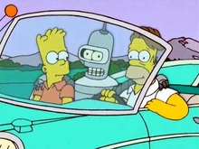 Bender com Homer e Bart num carro em Futuro-Drama
