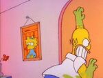 A very mad Homer pounds at the door when he hears Bart asking if he thinks he's dumb enough to fall for that