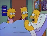 Homer is angry at Bart after he told him that Lisa is adopted and he doesn't like her.