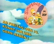 The introduction card with the "Simpsons in ZDF" icon (without the signature and the airdate and time on it). The German text appeared on the image, translated as "On Friday the 13th, you can enjoy us!"