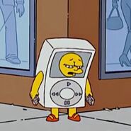 Lisa is miserable via job where she must stand on a street corner dressed as a MyPod, handing out Mapple pamphlets