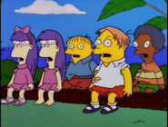 Sherri and Terri are shocked with the other kids after Bart declares Milhouse 'not guilty' during a mock trial