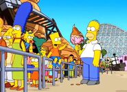 The Simpsons waiting in line at Krustyland.