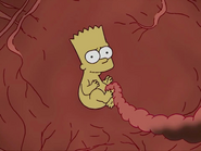 The birth of Bart Simpson with a sinister grin.