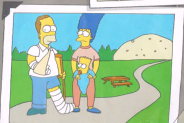 Homer (with a cast on his arm and leg from the Potato Rock accident) with Marge and baby Bart at Potato Rock