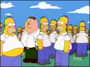 Os clones de Homer. Note que um deles é Peter Griffin de Family Guy.