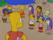 Sherri, Terri, and the other kids gather around as Bart explains what they are going to do after getting stranded