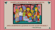 The complete Simpson family in their Christmas portrait in 2041. Abraham Simpson II is 112 and unfrozen, Homer is 69, Marge is 66, Lisa is 38, Zia is 13, Bart is 40, Maggie Simpson Jr. (in a trolley) is a newborn, Maggie is 31, and Jiff and Skippy are 5.