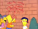 Bart writing a "Principal Skinner I AM A WEINER" graffiti on a brick wall for his elementary school.