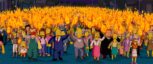 The shot of an angry mob coming for Homer features cameos from more than 320 characters.