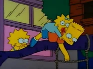Bart, Lisa and Maggie escaping through the window.