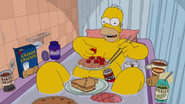 Homer singing in the bathtub surrounded by food