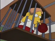 Martin in a suspended cage at school with his empty water dish