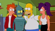 Bender,Fry e Turanga com Homer Simpson