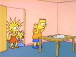 Bart's card tower had been knocked over.