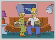 The Simpsons 30 years later. Marge is 66, and Homer is 69. They are holding Maggie's, Lisa's and Bart's photos. 2041