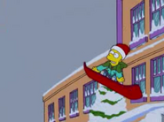 Bart flying out of school in the Christmas opening sequence seen in Kill Gil, Volumes I & II and The Burns and the Bees