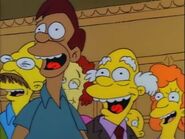 Everyone in the court laughing at the sight of Homer jumping into the potato chip aisle while screaming cowardly.