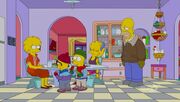 Skippy and his brother Jiff eating cookies with their aunt Lisa Simpson while his cousin Zia is in the Ultranet and his grandfather Homer Simpson watches