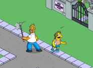 Homer Barbarian chasing a bully with an axe.