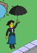 Shary Bobbins flying on her umbrella.