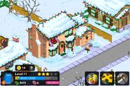 The Simpson House during the winter with snow and the Christmas lights up