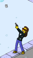 Ruth doing target practice wearing a black leather jacket and a pair of sunglasses.