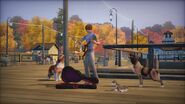 A picture of a Sim and the town pets, in the console version of The Sims 3: Pets.