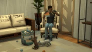 A Sim knitting with two cats playing with a knitting basket