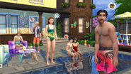 Imagen promocional de Los Sims 4: Años High School mostrando a Elvira y otros Sims del juego base como adolescentes en una piscina