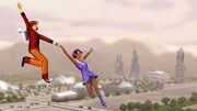 Two Sims flying with a Jet Pack. Oasis Landing is seen in the background