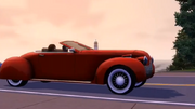 A Sim cruising in a vintage car.