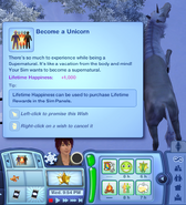 Wish to "Become a Unicorn". This appears to be a glitch with Supernatural installed, which causes a sim to get a wish to become a supernatural when they become friends with one.