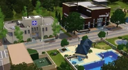 The hospital, science facility, library, and pool - this pool is replaced by a fishing spot in the actual game.