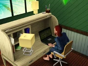 A Sim gaming on the highest end computer in The Sims 3.