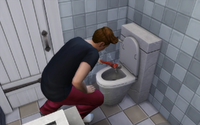 Un Sim réparant des toilettes