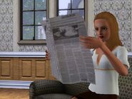 A Sim reading the newspaper in The Sims 3.