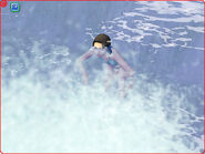 Woman in blue twopiece swimming at a beach lot while the game is paused, The Sims 2: Bon Voyage