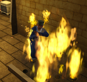 A Sim caught in a fire trap.
