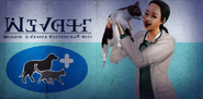 A vet clinic advertisement featuring a render from The Sims 2: Pets