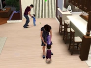 Two toddlers being taught to walk by their parents.