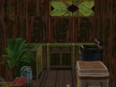 Continuing inwards from the dining area, the kitchen holds the family's storage basket on the left side as well as rusty metal stove that was probably taken from Division Six. Along the back wall are green and yellow counters made of bamboo and tightly woven grass. In an additional counter to the left ther is a stone sink basin. Sticking out of the wall above the sink is a bamboo faucet that provides running water. Right next to this makeshift sink is a small wooden trashcan of tribal make with a gaping face for the receptical. At the base of this trashcan is a small wooden pedall used to open the trashcan lid without touching it. Above the can is a small rectangular window made of bamboo. Also along that side wall is a potted plant and a makeshift high chair.