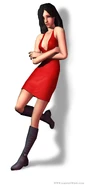 A promotional render of a woman in The Sims 2. It is possible this was an early version of Bella since she has the same red dress and hairstyle as the "Bella Squared" painting.