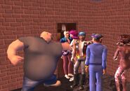 A bouncer in The Urbz preventing a Sim from entering